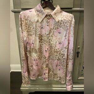 St. John Floral & Animal Print Silk Blouse in Soft Pink and Beige